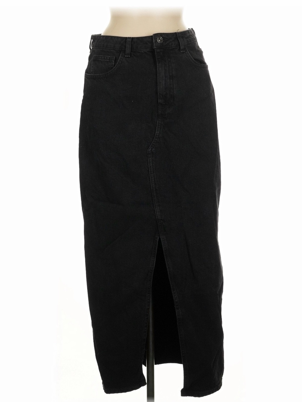 Black High-Waist Maxi Denim Skirt with Front Slit
